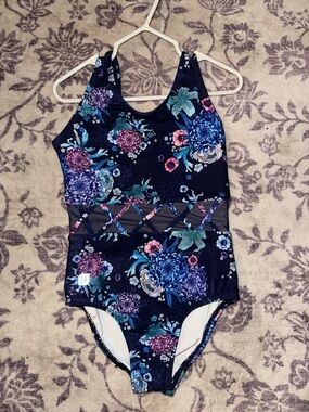 Sylvia P Girls' Leotard Floral Navy with Mesh Waistband